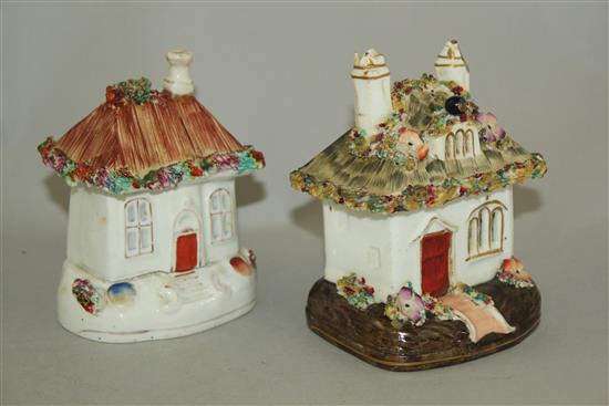 Six Staffordshire porcelain thatched roof models of houses and cottages, mid 19th century, height 10.5 - 15.5cm